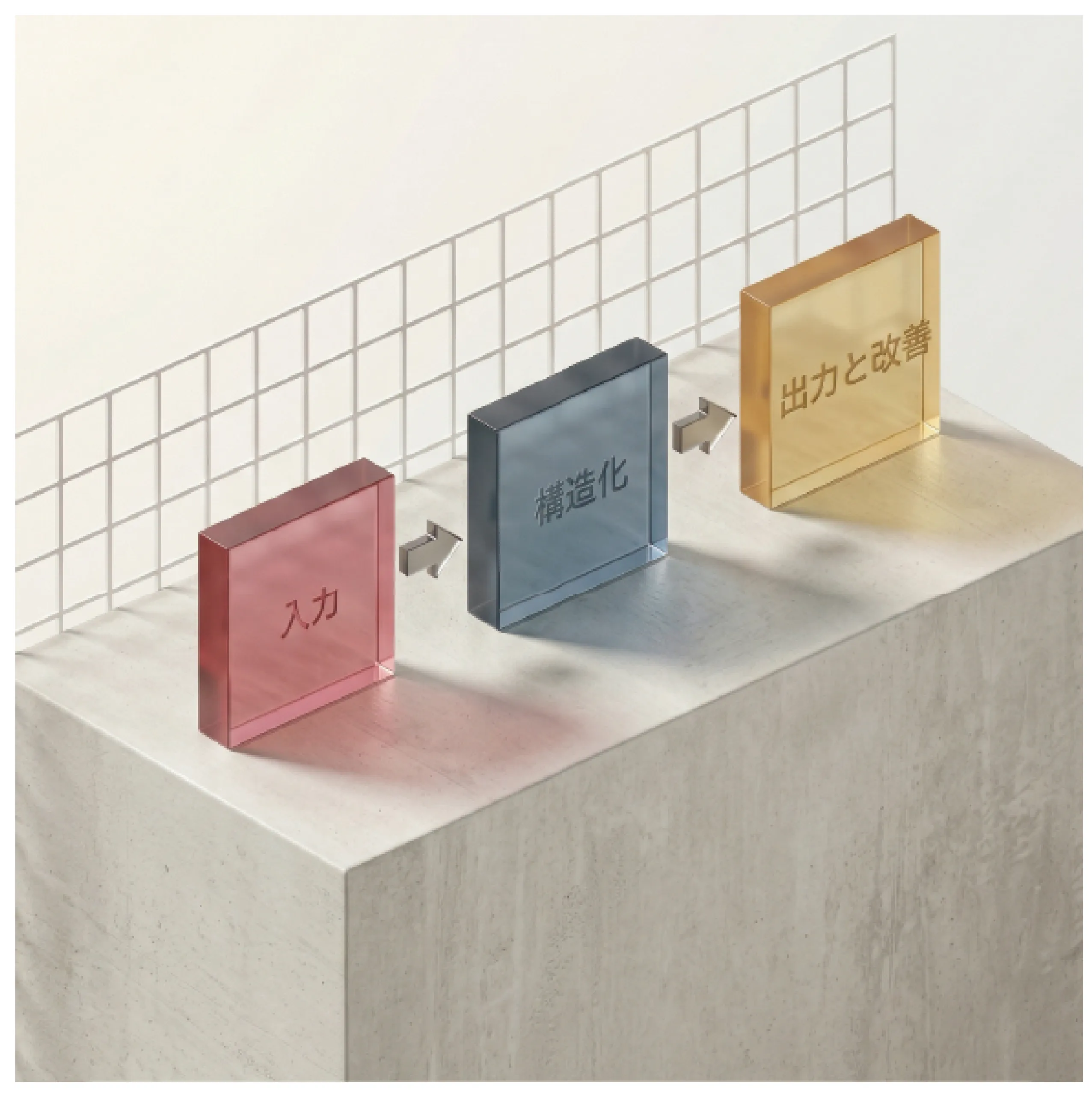 入力から構造化、出力と改善へ進む3段階のイメージ