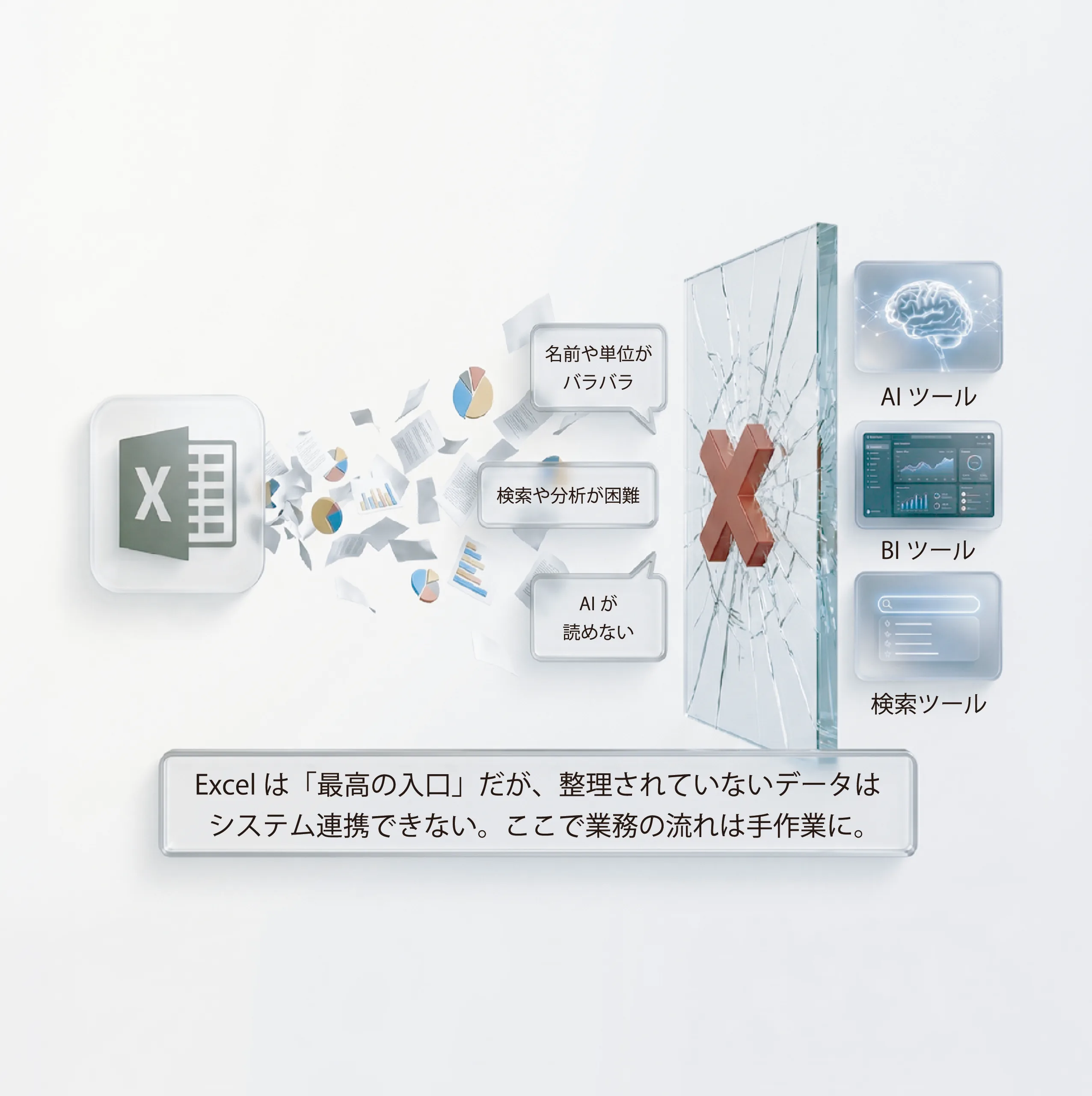 Excelの未整理データがAIツール、BIツール、検索ツールに連携できず手作業が残るイメージ
