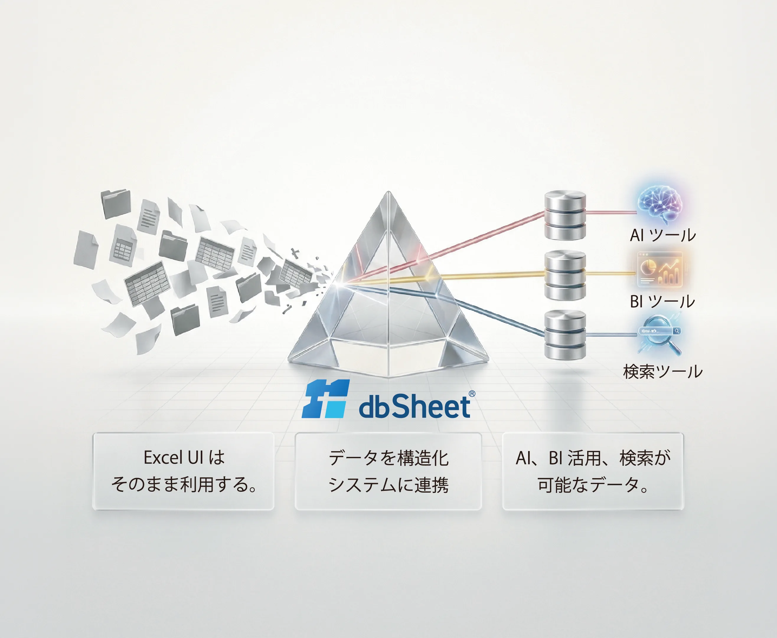 Excelの画面がdbSheetを経由してデータベース基盤へ積層的につながるイメージ